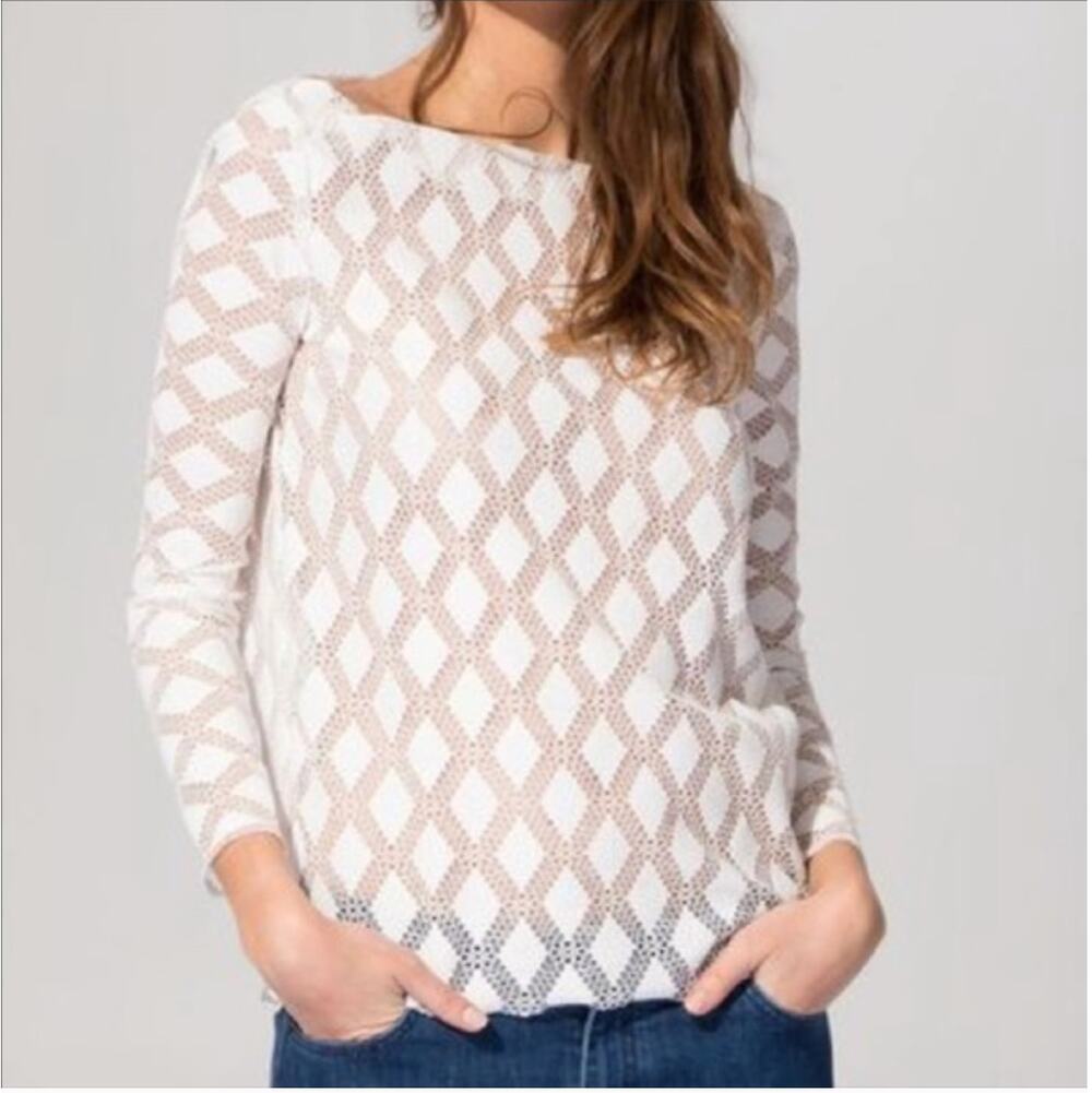 Maje White Lamour Diamond Lace Boatneck Sheer Long Sleeve Top Size M